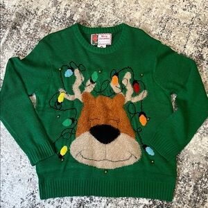 Ugly Christmas Fuzzy Green Sweater with Reindeer, Lights & Jingle Bells